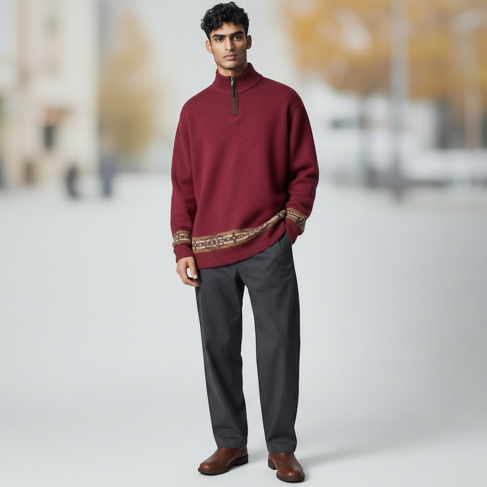 Pendleton Sweater Mens L‎ Burgundy Shetland Wool Quarter Zip Geometric Vintage